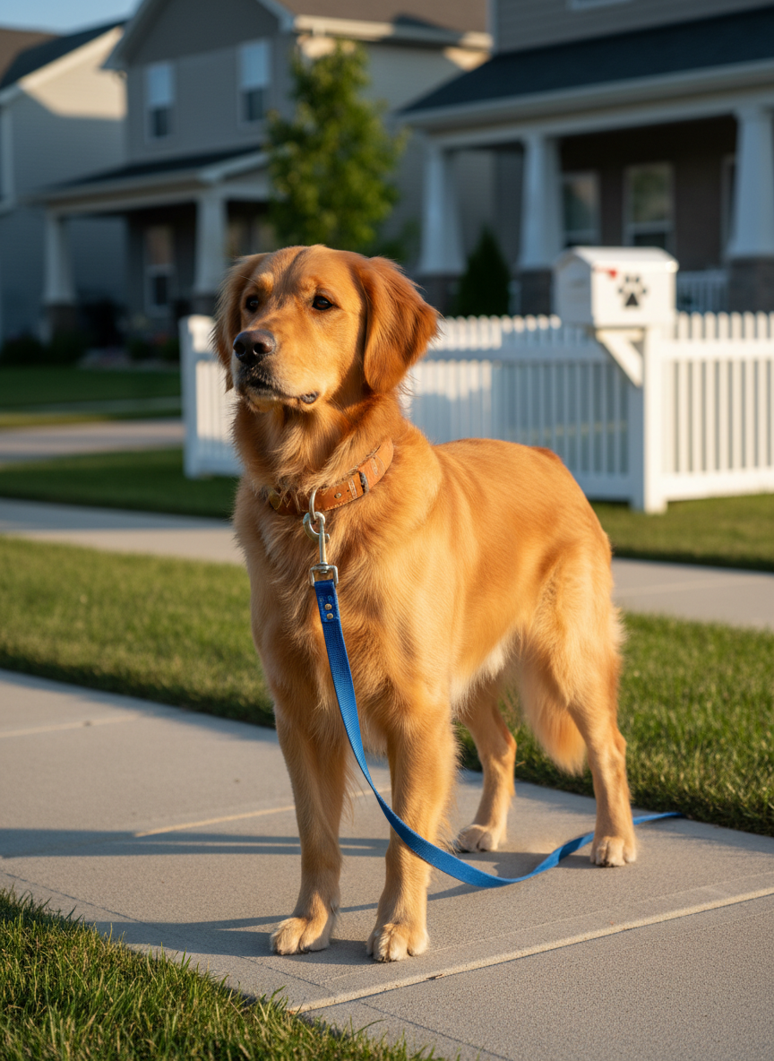 A well-groomed golden retriever with a neatly brushed, shiny coat stands alert at the edge of a leafy suburban sidewalk, attached to a clean, bright blue leash clipped to a sturdy collar. The dog is positioned beside a tidy front yard with a white picket fence, trimmed grass, and a small mailbox labeled with a simple paw-print icon. Late afternoon natural light creates a warm, golden glow on the dog’s fur, casting soft shadows along the pavement. Photographed at eye level with moderate depth of field, the background houses are gently blurred, emphasizing the pet’s calm, trusting expression. The mood is professional, safe, and reassuring, with photographic realism and a clean, modern aesthetic suitable for a local pet care business.