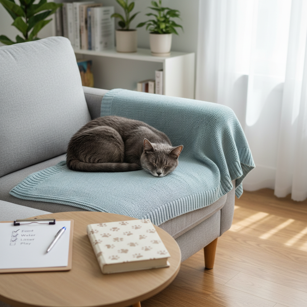 A cozy living room scene featuring a relaxed short-haired gray cat curled up on a neatly folded, pastel-blue throw blanket placed at the center of a tidy fabric sofa. On the side table, a small clipboard with a simple checklist and a pen rests beside a closed book with a subtle paw-print design on the cover. Soft, diffused daylight filters through sheer curtains, giving the room an inviting glow and casting gentle, feathered shadows. Captured from a slightly elevated angle with a shallow depth of field, the cat is in crisp focus while the background bookshelf and houseplants are softly blurred. The atmosphere is peaceful, dependable, and professional, rendered in photographic realism with a clean, uncluttered composition that conveys trustworthy cat-sitting services.