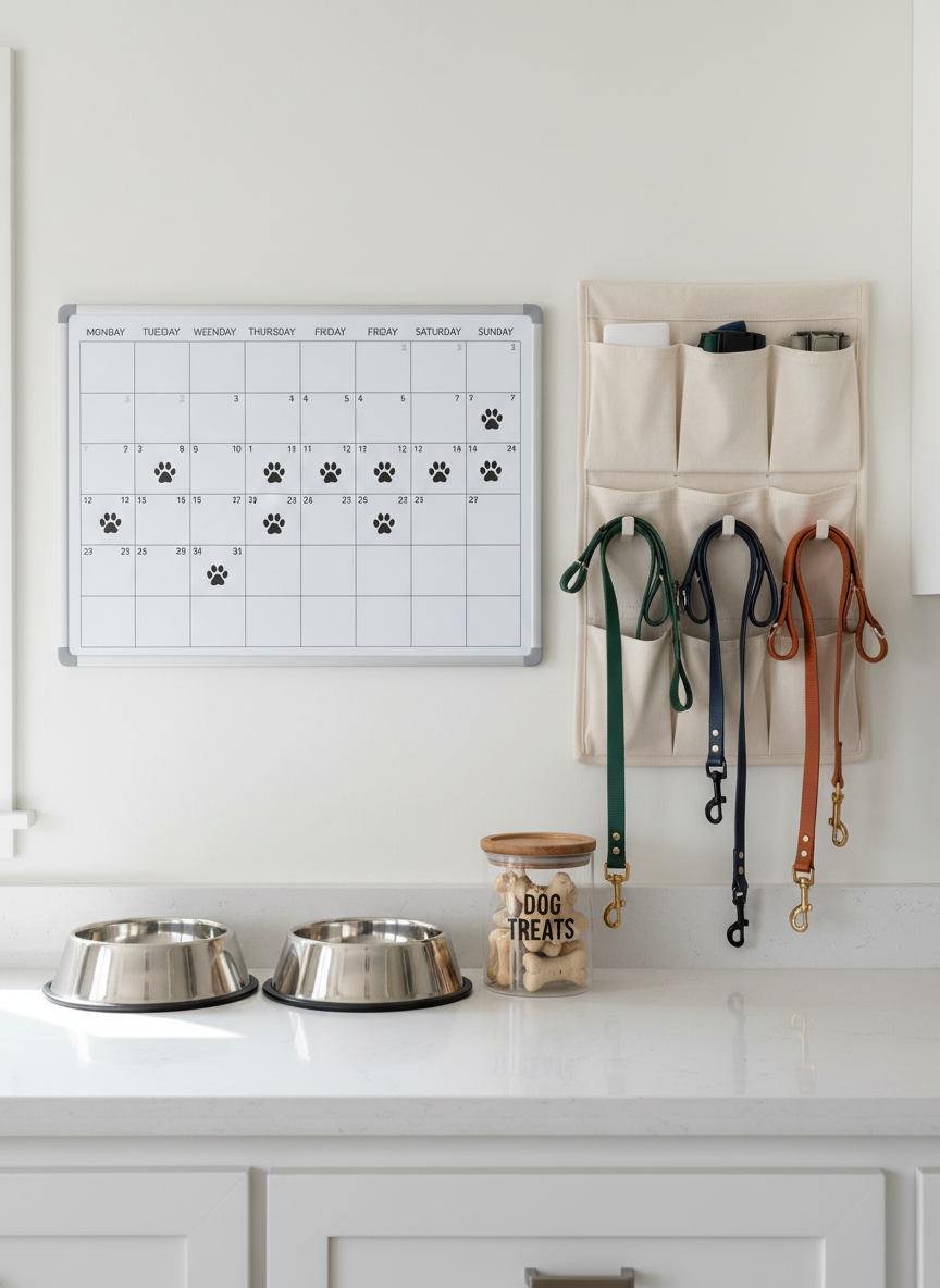 A tidy kitchen command center featuring a white dry-erase calendar on the wall marked with small paw-print icons on several dates, next to a hanging fabric leash organizer holding neatly coiled leashes and collars in coordinated colors. On the countertop below, a pair of stainless-steel pet bowls and a labeled container of neatly stacked dog treats are arranged with precision. Gentle midday natural light from an unseen window illuminates the scene, creating crisp, soft-edged shadows and subtle reflections on the metal surfaces. Photographed straight-on with sharp focus throughout, the composition feels organized and structured. The atmosphere is professional, reliable, and family-friendly, rendered in photographic realism with a bright, clean aesthetic that communicates careful scheduling and trustworthy pet care planning.
