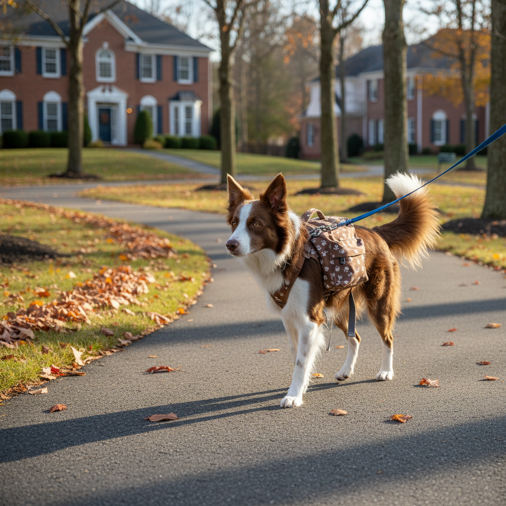 A medium-sized brown and white dog with a sleek, well-kept coat walks confidently along a tree-lined neighborhood path, its leash connected to an empty, upright child-sized backpack designed with subtle paw-print patterns resting gently on the dog’s back like a harness. Fallen leaves neatly scatter along the edge of the path, and tidy brick houses are visible in the soft-focus background. Early morning natural light creates a cool, fresh ambiance with gentle highlights on the dog’s fur and soft shadows stretching across the walkway. Shot from a low angle slightly behind the dog, the composition suggests forward motion and reliability. The photographic style is clean and realistic, with a calm, optimistic mood that subtly emphasizes responsible, school-age pet helpers without showing any people.