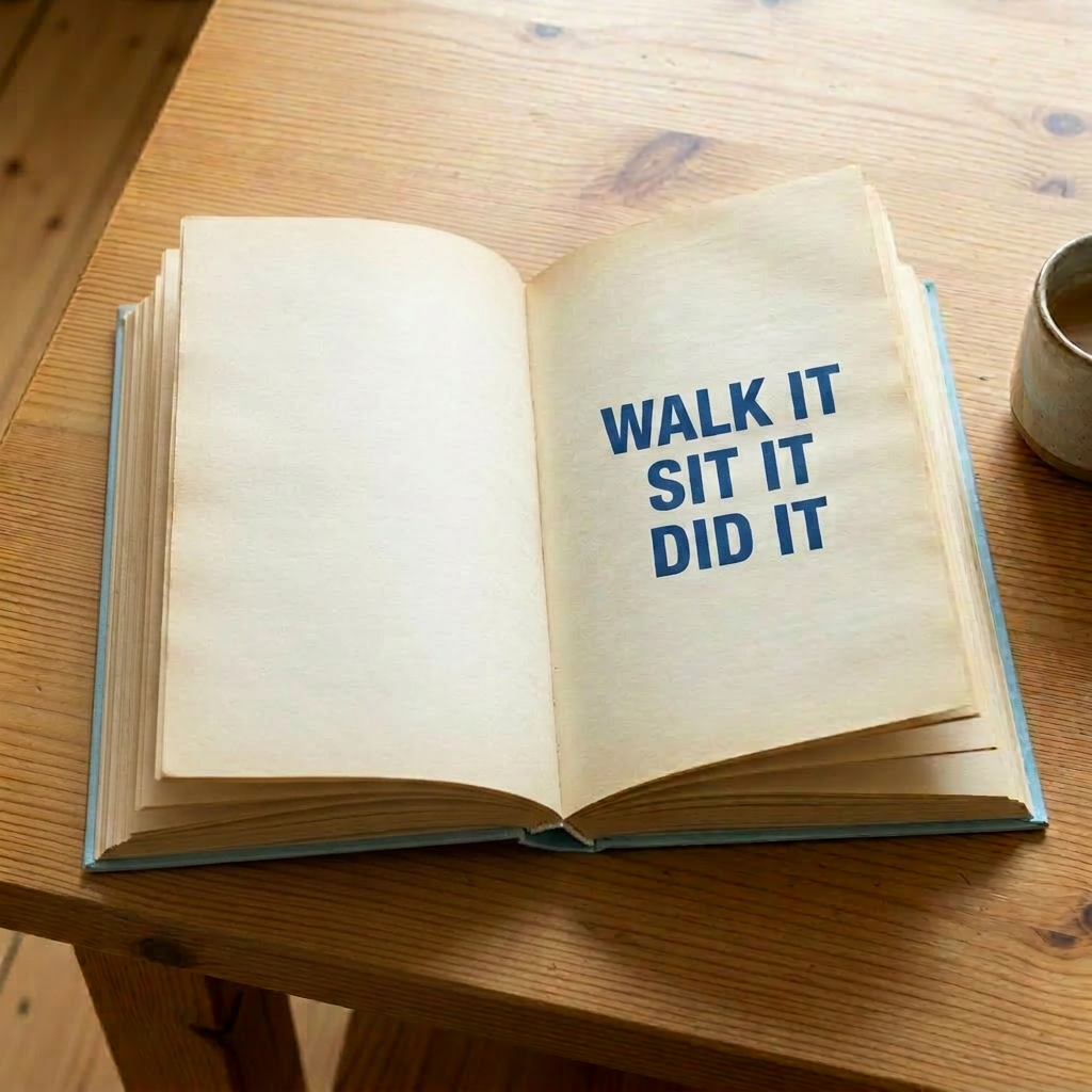 Blue book cover with text 'WALK IT SIT IT DID IT' next to open blank pages on wooden table with ceramic cup